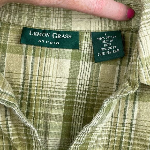 Pre-Owed Lemon Grass Studio Womens Green Plaid Short Sleeve Button Down Size L - Picture 5 of 5